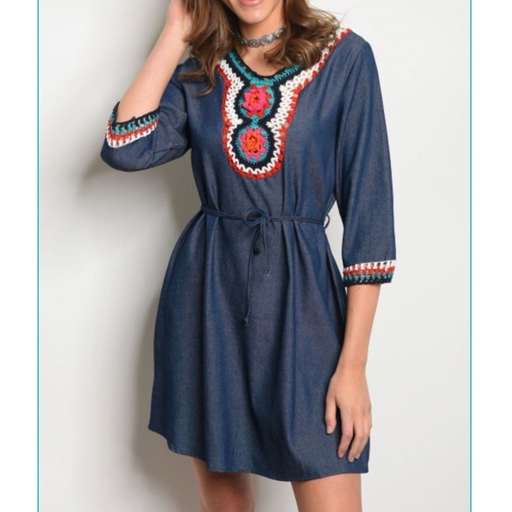 Denim Crocheted Belted Dress - Picture 1 of 6